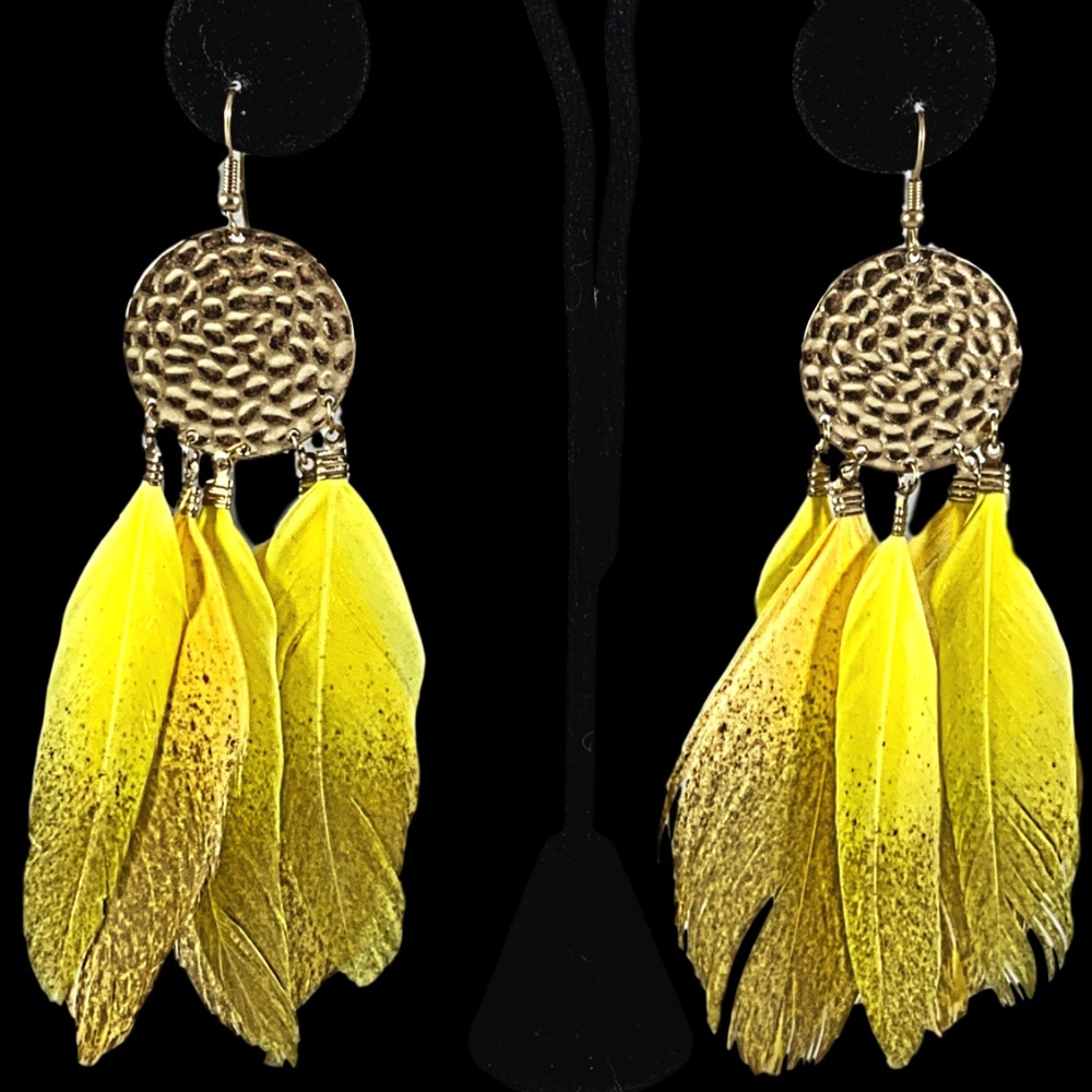 Yellow Feather Earrings with Gold Circles - Boho Chic Statement Pieces! 💛✨